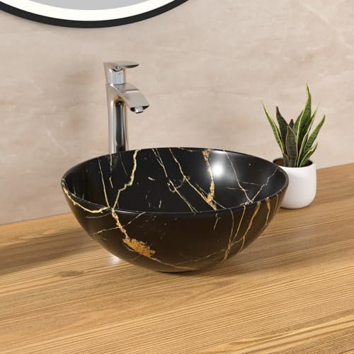 Round Vessel Sink - Lordear 16x16 inch Modern Round Bowl Above Counter Bathroom Sink Black Porcelain Ceramic Vessel Vanity Sink Art Basin