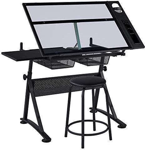 costoffs Adjustable Drafting Table, Tiltable Drawing Tabletop with Tempered Glass, Drawing Table Artist Desk With 2 Drawers/stool, Black, 121x60x70.5cm