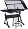 costoffs Adjustable Drafting Table, Tiltable Drawing Tabletop with Tempered Glass, Drawing Table Artist Desk With 2 Drawers/stool, Black, 121x60x70.5cm