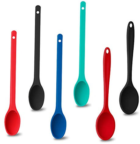 TORASO Lot de 6 cuillères à mélanger en silicone, multicolores, ovales, antiadhésives, haute résistance à la chaleur, cuillères à mélanger pour la cuisine, outils de mélange (BK, RD, BU, GN 4+2)