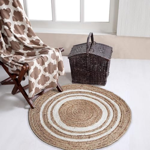 Second Nature Online KHIDAKEE Runder Jute-Teppich, ethisch unbedenklich, umweltfreundlich, handgewebt, Naturfaser mit weißem Streifen-Design, kleine Größe (90 cm Durchmesser)