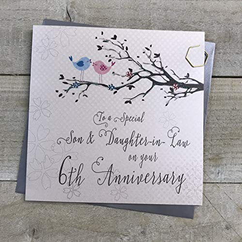 White Cotton Cards Son & Daughter-in-Law 6th Wedding Anniversary Card Sixth Iron Birds and Tree branch PD192-6,16cm x 16cm
