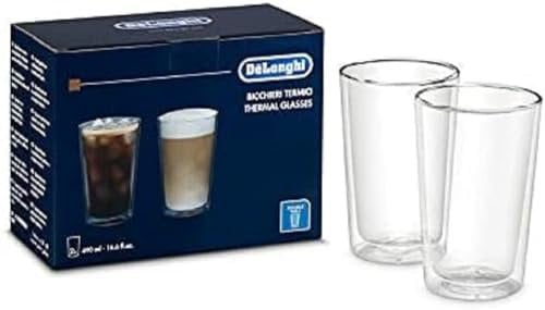 De'Longhi Gläser Set DLSC319, 2 doppelwandige Thermogläser mit Isolierfunktion für kalte und warme Getränke, widerstandsfähiges Borosilikatglas, Spülmaschinenfest, Fassungsvermögen 480 ml , 2 Stück