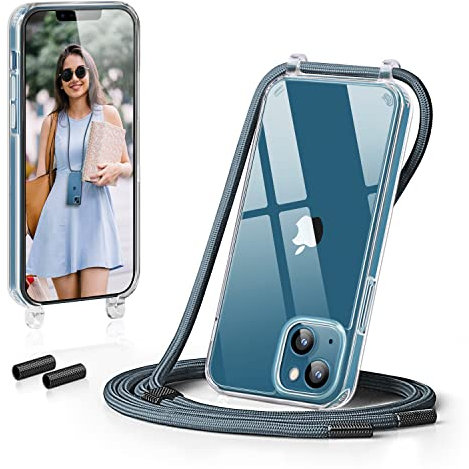 GOODVISH Funda con Cuerda, Compatible con iPhone 13 6.1, Case para Teléfono con Cordón, Cáscara Transparente para Teléfono con Collar, Cámara y Protección de Pantalla, Anticaída, Azul