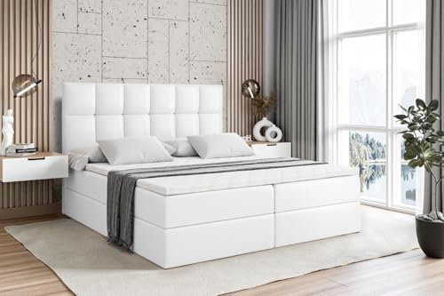ALTDECOR Boxspringbett mit Matratze und Lattenrost, Boxbett, Topper, Polsterbett mit Bettkasten, Bett mit Stauraum H3-Matratze, Doppelbett, Springboxbett - RICAR - 180x200 - Weiß Kunstleder