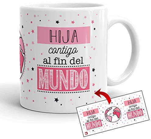 Kembilove Taza la Mejor Hija del Mundo – Taza con Mensaje Hija contigo al Fin del Mundo – Regalo Hermana Original – Regalos Originales para cuñados – Tazas Originales para Familiares