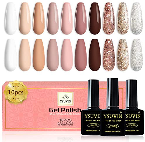 YSUVIN UV Nagellack, 10 Farben Natural Nude Rosa Braun Weiß Glitzer Gel Nagellack Soak-Off UV Gellack Set für Anfänger DIY Nail Art Maniküre Salon, Langlebig, 8ML