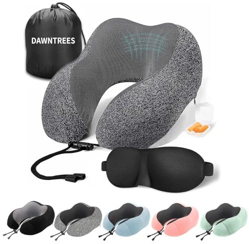 DAWNTREES Travel Pillow Neck Support,Pure Memory Foam Neck Pillows for Travel Airplane, Business Trip with Luxury Bag, Travel Kit with 3D Contoured Eye Masks, Earplugs.……