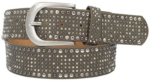 Damengürtel mit Nieten, Strass-Nieten-Besatz, Synthetikgürtel im Vintage-Style, Breite ca. 3,8 cm (Oliv; BW85cm - Gesamtlänge 100cm)