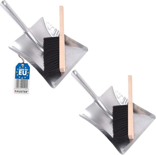 BAUSTER® 2 Stück Besen mit Kehrschaufel Set Handbesen Schaufel Kehrgarnitur Kehrblech und handfeger Metall Verzinkt Handfeger und Schaufel kaminbesen
