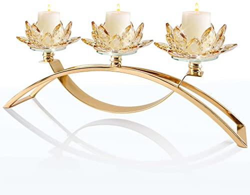 Kristall-Kandelaber mit 3 Armen, dekorativer Kristall-Lotusblüten-Kerzenhalter, Tischdekoration für Stumpenkerzen, 3,8 cm (Gold)