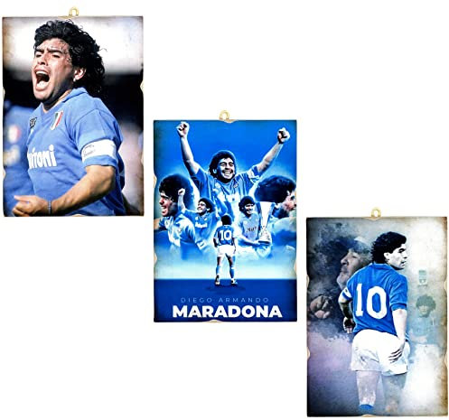 KUSTOM ART Set mit 3 Bildern, Vintage-Stil, Diego Armando Maradona El Pibe de Oro D10S, Druck auf Holz, 25 x 18 cm.