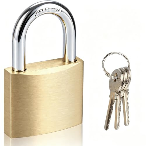 Solid Brass Padlock with 3 Keys, Locker Lock with Brass Body & Steel Shackle, Keyed Padlock for Sheds, Storage Unit, School Gym Locker, Fence, Toolbox, Gate, Warehouse