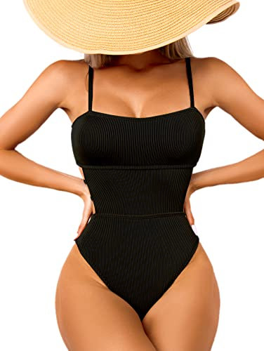 USUN Costume da Bagno Intero da Donna Costume da Bagno con Ritaglio Vita Alta Controllo della Pancia Costume Intero Monokini (L, Nero)