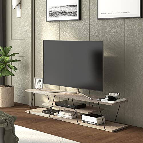 [en.casa] Meuble TV de Salon Banc Télé Support Industriel Rangement Console Jeux Etagères Panneau de Particules Métal 143 x 33 x 30 cm Effet Chêne Noir