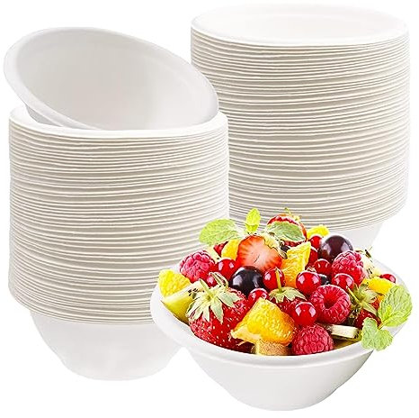 100Pcs Strong Disposable Paper Bowls, 8oz 220ml Sugarcane Bagasse Bowls - White, Super Rigid, Biodegradable and Compostable - Perfect for Parties, Soups, Desserts