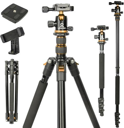ZOMEi 196cm Camera Tripod Travel Aluminium Monopod Heavy Duty Tripod Stand with 360° Ball Head, Carrying Case, Phone Holder Perfect for Video Shooting/Selfies/Live Stream/Vlogging(Gold)