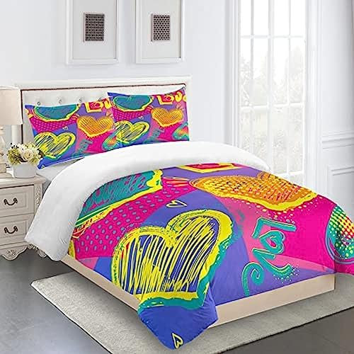 Single Duvet Cover Set Purple Yellow Heart Bedding Microfiber Duvet Cover Soft Duvet Set 140x200cm Duvet Cover Sets With Zipper Closure Bedding Set Includes Pillow Cases 2 Pack,55.1.X78.7inch,Cons