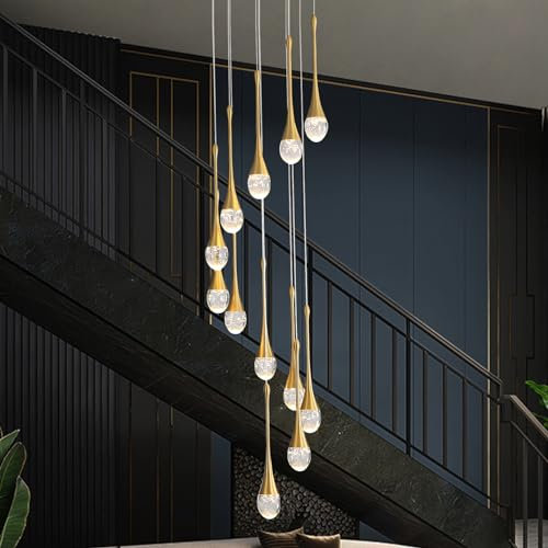 Candelabros colgantes de cristal de gota de agua de oro de 12 luces 120 '' / 305 cm Vestíbulos de techo alto Candelabros de entrada Escalera Gran burbuja de cristal 3000-6000K Dimmbale Accesorios