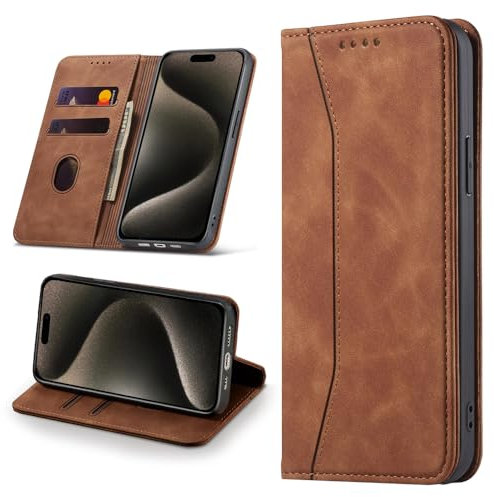 Leaisan Handyhülle für iPhone 15 Pro Max Hülle Premium Leder Flip Klappbare Stoßfeste Magnetische [Standfunktion] [Kartenfächern] Schutzhülle für iPhone 15 Pro Max 5G (6,7 Zoll) Tasche - Braun