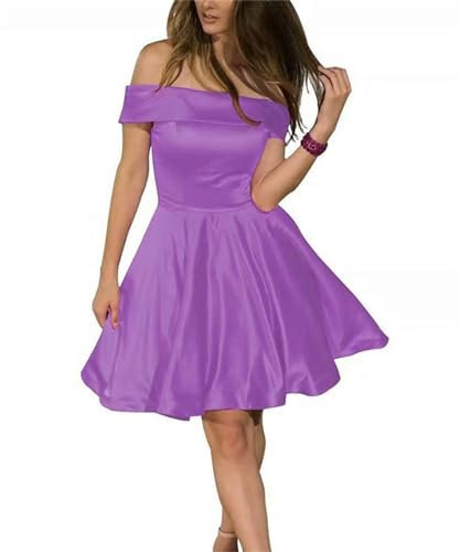 WSEYU Vestido de fiesta de satén para jóvenes, vestido corto con hombros descubiertos, vestido de cóctel de graduación, Lila, 36