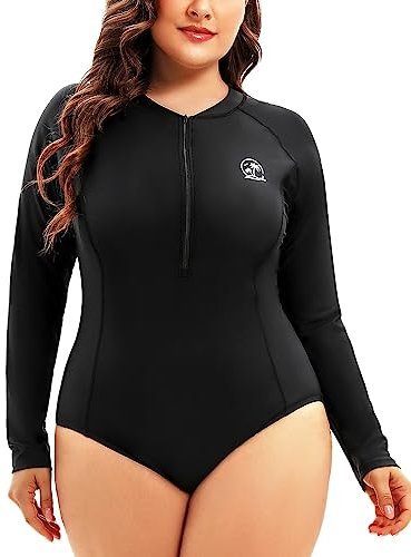 Holipick Plus Size One Piece Rash Guard for Women Long Sleeve Swimsuit Zipper UPF 50+ Surfing Bathing Suit, Black, 24 Plus