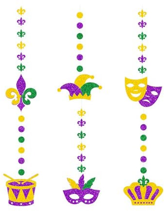 6 Stück Mardi Gras hängende Dekorationen, Glitzer Mardi Gras Krone Maske Fleur de Lis Mardi Gras Dekorationen, hängende Mardi Gras Ornamente für New Orleans Karneval Maskerade Karneval Party