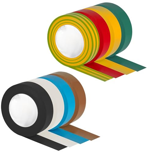 ISOLATECH Juego de 8 rollos de cinta aislante de PVC, 19 mm x 20 metros x 0,15 mm, VDE 0340-3-1 2002-03 DIN EN 60454-3-1, ignífugo, no deja residuos, se puede quitar sin dejar residuos. Fabricado en