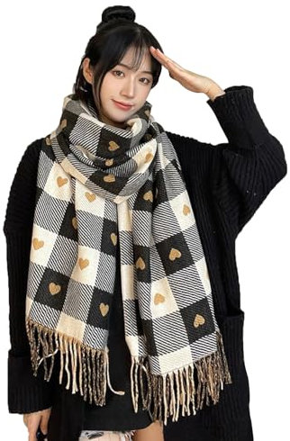 Elegtiskas Winter Thick Blanket Plaid Large Chunky Scarf Long Shawl Soft Scarves Casual Tassel Scarf for Women Girls