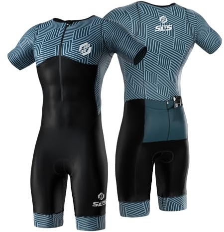 SLS3 Triathlon Suits Mens - Aerodynamic Sleeved Tri Suit Men – Lightweight Trisuit with Premium FX Fabrics - 2 Pockets (Carbon Teal, Large)
