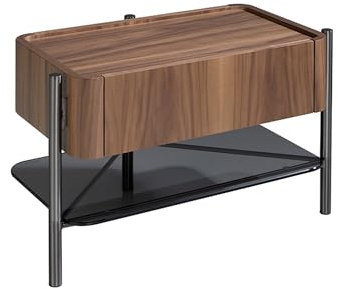 Angel Cerdà - Table de Nuit en Bois Plaqué Noyer et Acier Foncé, Design Moderne et Sophistiqué avec Élégante Étagère en Verre Noir - Style et Fonctionnalité dans Votre Chambre - 65 X 39 X 39 cm