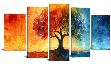 JOSUE 5 pezzi Albero Della Vita Quadri Albero colorato della vita Stampe E Quadri Su Tela,Arancia Quadro Decorazioni Camera Da Letto Ufficio Bagno-60x125cm Incorniciato