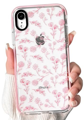 NITITOP Compatible for iPhone XR Case Cute Flower Floral Clear for Women Girl Ultra Slim Crystal Shockproof Soft TPU Anti-Yellow Protective Phone Cover - Clear Pink