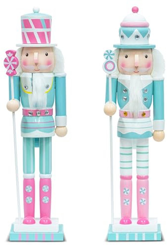 KI Store Christmas Nutcracker Pink and Blue 38cm Set of 2 Wooden Nutcracker Soldier Figurine Display Set for Kids Room Baby First Christmas Decor