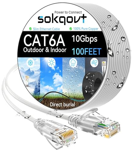 Cat6a Ethernet Cable Slim 100ft Outdoor & Indoor, 28AWG Pure Copper Cat6 Internet Cable for Waterproof & Direct Burial, Flexible Cat6 Ethernet Cable 10G 550MHZ, Cat 6 Network cable for Indoor White