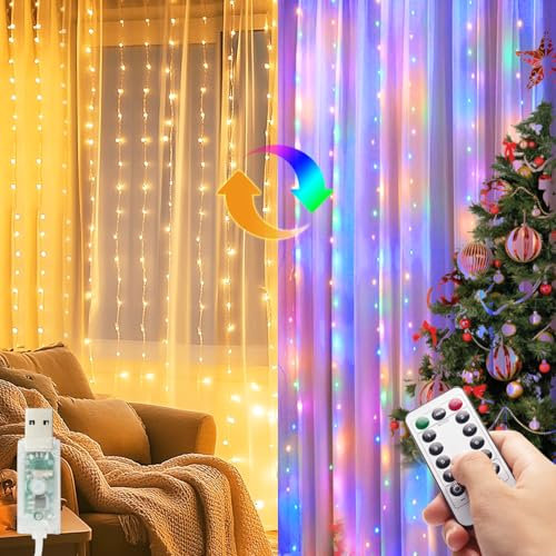 kolpop Lichtervorhang Innen 3x3m，300 LED Lichterketten Vorhang mit Fernbedienung Timer, USB 8 Modi Verstellbare Helligkeit Led Vorhang für Weihnachten Party Gardine Deko (Zweifarbig)