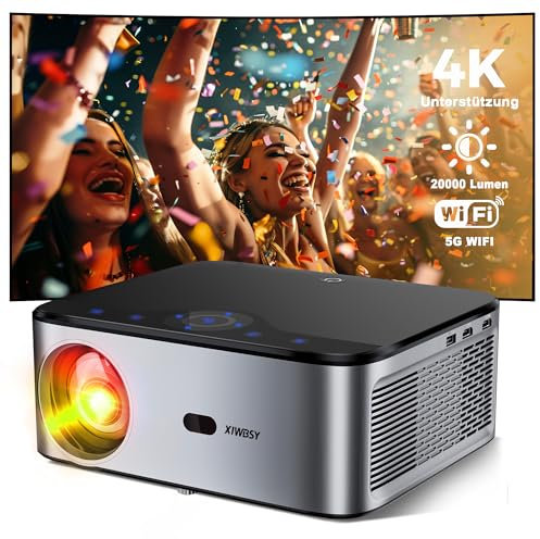 XIWBSY Beamer 4K, 20000 Lumen LED Beamer Android, Full HD 1080P Bluetooth Beamer, LED Heimkino Video Beamer 300 '' Display, Eingebaute APP/WiFi Mirroring Smart Projektor mit YouTube/Netflix