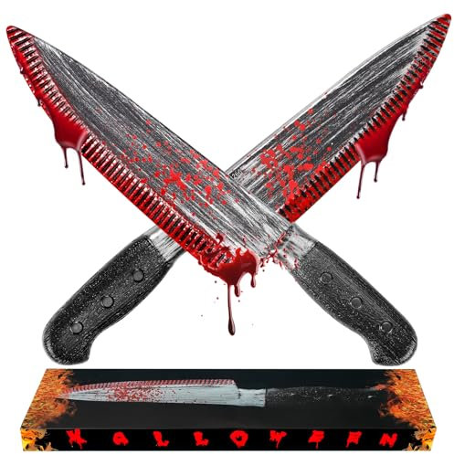 WIURGOHA Halloween Fake Knife Prop, 2 Pack Bloody Fake Knife Horror Props Kills Butcher Knife Prop,Classic Prank Knife Props for Festival Costume Cosplay Accessory and Scary Halloween Rave Party