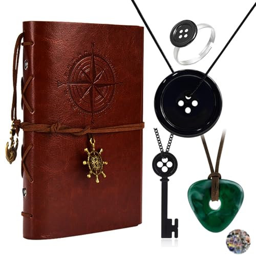 HJYZY Coraline Schmuckset Knopfaugen Brille Key Stone Halskette Anime Ringe Leder-Schreibheft Notizbuch mit Aufklebern 15 Stück