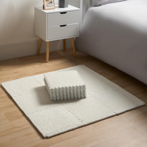 OHS 36 Interlocking Foam Tiles, Teddy Fleece Baby Floor Mats Padded Playmats Babies Toddlers Kids Floor Mats for Playing Durable Exercise Floor Tiles, Cream - 30cm x 30cm