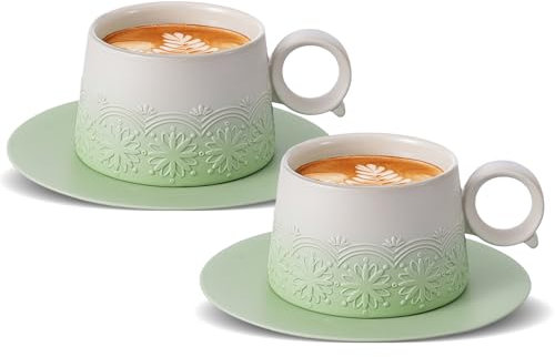 ZENS Cappuccino Tassen mit Unterteller 2er-Set, 220 ml Geprägtem Cappuccinotassen für Latte Art, Kaffeetassen Espresso Tassen Steingut, Tee Tasse mit Untertasse Geschenke für Frauen, Hellgrüne