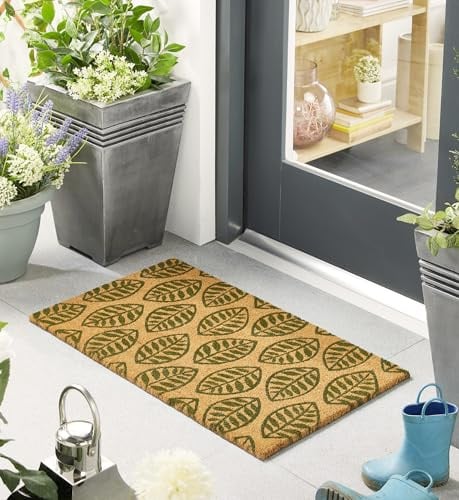 Lord of Rugs Printed Coir Door Mat for Home Entrance Indoor and Outdoor, Patio, Balcony Non-Slip Durable Natural Coconut Fiber Doormat in 45x75 cm Green Leaves
