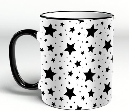 YOIUE Tasse aus Keramik - Große 11oz Tassen 330ml Kaffeetassen mit Henkel, 100% Handbemalt - Trinkgläser mit Griff - Weiß, Muster mit schwarzen Sternen auf weißem Hintergrund