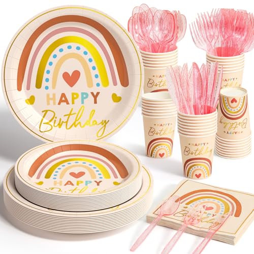 Vaisselle Anniversaire 20 Personne Assiette Jetable Anniversaire Happy Birthday Arc En Ciel Couverts de Table Gobelets Jetables Serviette Papier Kit Anniversaire Fille 2 3 4 5 Femme 30 40 50 60 Ans