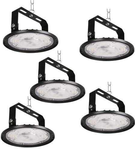 JBdusn 5 Pièces UFO Projecteur LED Industriel 200W, High Bay Eclairage Atelier avec Support 20000LM UFO Lampe Atelier 6500K, IP65 Étanche Éclairage de Plafond LED pour Garage Entrepôt Atelier Usine