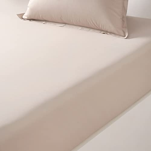 Desforges - Drap Housse 160 x 200 cm en Percale de Coton Beige uni 80 Fils/cm², Alcove