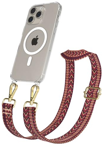 EAZY CASE Handykette - Verstellbares Taschenband kompatibel mit iPhone 15 Pro Max, Schulterriemen, Handykordel mit Silikon Hülle, Qi Charging kompatibel, Umhängetasche, Rot Braun Gold