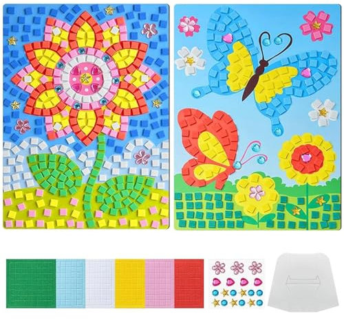 Canollo Mosaik Bastelset für Kinder, Blumen+Schmetterling Mosaik Aufkleber Set, Kreativitätssets für Kinder, DIY Diamanten Mosaik Klebebilder, DIY Basteln Geschenke für Mädchen Jungen Ab 3 Jahre