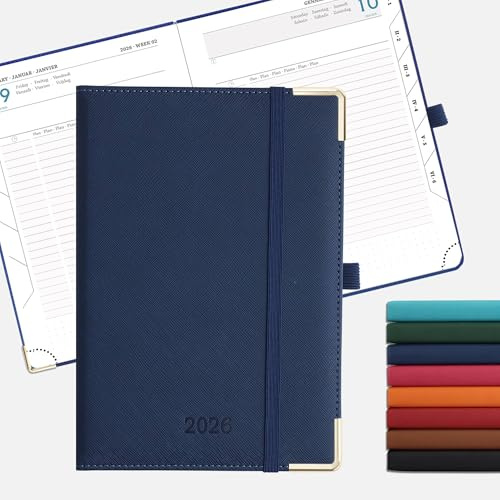 IN-LUXPRO Kalender 2026 Tagesplaner 21,5 x 15cm Tageskalender 1 Tag 1 Seite (Montag - Sonntag), Terminplaner(Jan.2026-Dez.2026) Buchkalender mit 80GSM Papier & Stiftschlaufe Vegan-Leder Marineblau