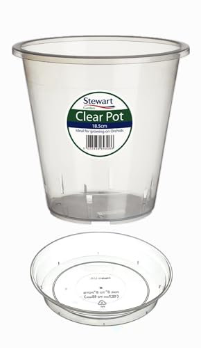 Home Fittings® Clear Orchid Pot 18.5cm with Saucer Plastic Flower Plant For Optimal Growth See Through Tub